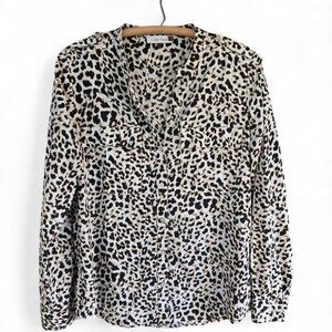 Calvin Klein Leopard Print Lightweight Button Front Long Sleeve Blouse Medium